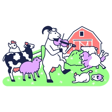 A goat is standing on its hind legs, playing a violin in the center of a barnyard. The goat has a fluffy white coat and its horns are curved, giving it a lively appearance. Surrounding the goat, there are several farm animals enjoying the concert. To the left, a cow with a black-and-white coat is tapping its hooves to the rhythm, and nearby, a chicken is perched on a hay bale, clapping its wings. In the background, a sheep with a woolly coat is dancing, while a pig is sitting on the ground, smiling and swaying. A wooden fence and a red barn are visible in the scene, adding to the cheerful atmosphere of the barnyard concert.