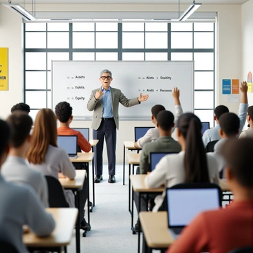 A mentor with short gray hair and glasses stands in front of a whiteboard, energetically explaining the accounting equation. He is dressed in a smart, professional outfit consisting of a light blue dress shirt and dark slacks. Around him, a diverse group of students of various ethnicities sits at desks, eagerly taking notes. Each student has a laptop open in front of them, and some are raising their hands, eager to ask questions. The classroom is bright with large windows allowing natural light to flood in, and motivational posters about finance and success adorn the walls. The mentor points to the equation written on the whiteboard, which reads "Assets = Liabilities + Equity."