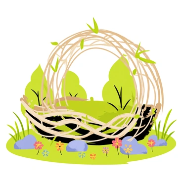 An outdoor art installation made from curved branches and leaves, designed to resemble a large nest. The installation features intertwined twigs, green moss covering parts of the structure, and colorful wildflowers arranged around the base. Sunlight filters through, casting dappled shadows on the ground. The surrounding environment includes tall grass, scattered stones, and a few trees in the background, enhancing the natural integration of the artwork.
