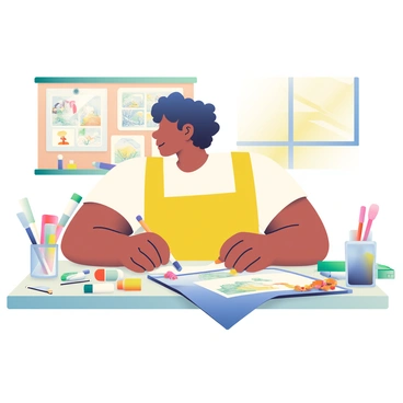 An illustrator with light brown skin and curly black hair is seated at a large wooden table cluttered with various sketches and paint supplies. The table is covered in a mixture of colorful paint tubes, brushes in a jar, and half-finished sketches of characters and landscapes. The illustrator is wearing a bright yellow apron over a white t-shirt and is focused intently on creating a new piece on a canvas in front of them. There are several sketches pinned to a corkboard behind them, showcasing different ideas and concepts. A warm light from a nearby window casts soft shadows across the scene.