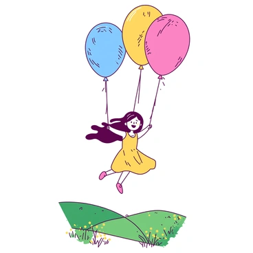 A girl with long, flowing hair is floating gently in the air, held aloft by several large, colorful yarn balloons. Each balloon is oversized, crafted from soft, textured yarn in two distinct colors, giving the impression of being fluffy and inviting. The girl's dress billows around her as she ascends, and she has a joyful expression on her face. Below her, a landscape of rolling hills stretches out, with patches of green grass and wildflowers. The sky above is bright and clear, enhancing the cheerful atmosphere of the scene.