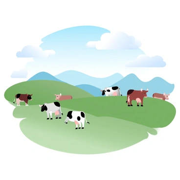 A herd of cows is grazing on a lush, green hillside. The cows are of various colors, including black, white, and brown, and they are spread out across the grassy area. The hillside gently slopes upward, creating a picturesque landscape. A clear blue sky stretches overhead, indicating a bright, sunny day. In the background, there are distant rolling hills that complement the scene. Fluffy white clouds drift lazily across the sky, adding to the tranquil atmosphere.