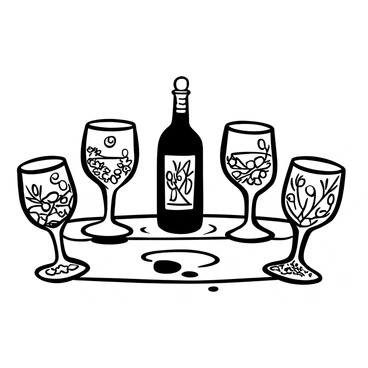 An ornate set of wine glasses with intricate engravings covering the surface of each glass. The glasses are arranged in a semi-circle on a polished wooden table. Each glass has a unique design, featuring floral patterns and swirling motifs. Soft shadows are cast beneath the glasses, highlighting the elegant curves and shapes. A bottle of wine sits in the center, partially uncorked, with a few drops of wine resting on the table.