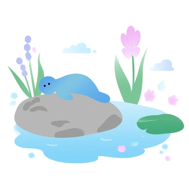 A tadpole is resting on a warm rock. The rock is slightly textured and has a mix of gray and brown hues. The sunlight casts gentle shadows around the tadpole. Nearby, a pond reflects the vibrant colors of the sky. The water's surface has small ripples, and green lily pads float peacefully. In the background, there are tall grasses and small wildflowers framing the scene.