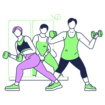 A dynamic shot capturing a set of individuals performing hammer curls. Each person is positioned at different angles to showcase the motion. In the foreground, a person with short hair is lifting a green dumbbell in each hand, their arms flexing as they curl the weights towards their shoulders. In the background, another individual with long hair is seen performing the same exercise, creating a sense of rhythm in the movement. The scene includes a fitness studio setting with mirrors reflecting the workout, and the individuals are wearing athletic clothing suitable for exercise.