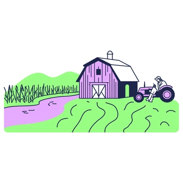 A traditional farm is depicted with a large barn in the center, constructed from wood with a sloped roof. On the left side, a river flows gently beside the lush fields of crops that are neatly arranged in rows. The crops include tall stalks of corn and vibrant green plants. A tractor is parked near the barn, with a farmer wearing a straw hat standing nearby, examining the crops. In the background, there are rolling hills that frame the scene, completing the pastoral landscape.