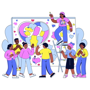 An artist standing on a ladder, painting a large mural that features vibrant colors and symbols of love and diversity, such as hearts and interlocking hands. The mural displays various cultural motifs celebrating different heritages. Surrounding the artist are several community members of different ages and backgrounds, all smiling and admiring the artwork. Some are holding paintbrushes, contributing to the mural, while others are clapping and encouraging the artist. The setting is a bright, outdoor space, with trees and colorful decorations in the background.