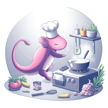 An axolotl with pink and purple hues is standing on its hind legs in a whimsical underwater kitchen. The creature is adorned with a tiny white chef hat perched jauntily on its head. Scattered around are various cooking utensils like a small pan and a whisk, with bubbles rising from the pan as it simmers on a coral stove. The kitchen is filled with colorful vegetables, and seaweed is hanging decoratively from the walls. A shimmering light filters down from above, illuminating the scene and creating a lively atmosphere.