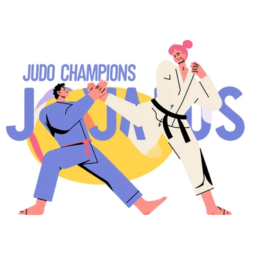 A powerful sports banner featuring two judo athletes in action. One athlete is a male with a blue gi, performing a swift throw, showcasing strength and agility. The other athlete, a female in a white gi, is mid-air, demonstrating the dynamic motion of the throw. The background includes bold colors and stylized text that reads "JUDO CHAMPIONS" in large, impactful letters. The overall composition captures the intensity and excitement of judo competition.