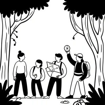 A group of young explorers stands in a dense jungle, surrounded by tall trees and thick foliage. One explorer is holding an open map while another is focusing on a compass in their hand. Various climbing gear and backpacks are scattered around them. Vines hang down from the trees, and large leaves create a canopy overhead. The ground is uneven, covered with roots and small plants. In the background, there are hints of wildlife, such as silhouettes of birds and insects.
