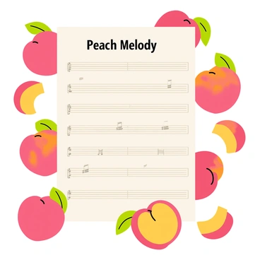 A sheet of music titled "Peach Melody" prominently displayed at the center. The sheet music features neatly printed musical notes and symbols. Surrounding the sheet are vibrant illustrations of peaches, each peach showing a smooth, glossy surface with a slight blush of red. Some peaches are whole, while others are sliced in half, revealing their juicy, golden interiors. Green leaves are attached to the peaches, adding a fresh touch to the scene. The overall composition creates a lively and cheerful atmosphere.