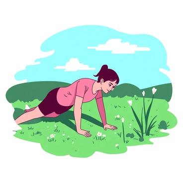 A person is doing diamond push-ups on green grass in an open field setting. The individual has a focused expression and is positioned in a classic push-up stance, with hands forming a diamond shape beneath their chest. Surrounding the person, the grass is lush and vibrant, with patches of wildflowers scattered throughout. In the background, a clear blue sky is visible, with a few white clouds drifting lazily, providing a tranquil atmosphere to the scene.