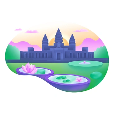 A landscape featuring Angkor Wat at sunrise. The sun is rising behind the majestic towers of the temple, casting a warm golden light. In the foreground, there are serene lotus ponds reflecting the colorful sky. The scene is filled with lush greenery surrounding the temple, enhancing the tranquil atmosphere. The intricate details of the temple's architecture are visible, showcasing its grandeur. The sky is painted with shades of orange, pink, and purple as the day begins.