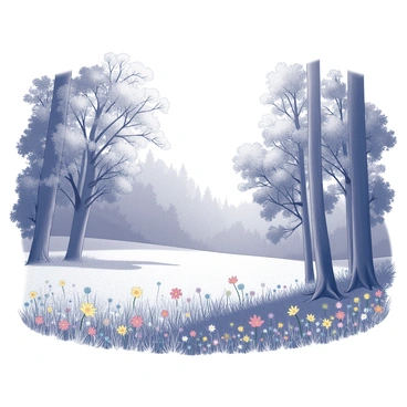 The scene depicts the edge of a dense forest with tall trees creating a natural boundary. The trees have thick trunks and lush foliage, casting intricate shadows on the ground. Just beyond the trees, a wide-open meadow stretches out, covered in a variety of wildflowers. The wildflowers display different shapes and sizes, swaying gently in the breeze. The meadow is expansive, offering a contrast to the dense greenery of the forest, while the sunlight filters through the trees, illuminating the vibrant colors of the flowers.