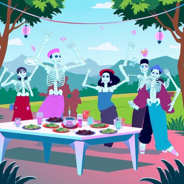 A group of lively skeletons with intricate bone structures and glowing eye sockets are dancing joyfully alongside villagers dressed in traditional countryside attire. The villagers, featuring a mix of men and women, wear colorful dresses and hats, their expressions animated with joy. They are gathered in a vibrant clearing surrounded by lush green fields and distant hills. Lanterns hang from nearby trees, casting a warm glow over the scene. Tables are set with an array of food and drinks, while streamers and banners flutter in the gentle breeze, enhancing the festive atmosphere.