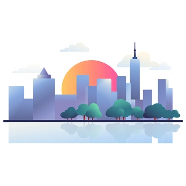 A city skyline features tall buildings with varying architectural styles. The sun is setting in the background, casting vibrant hues of orange, pink, and purple across the sky. A layer of smog partially obscures the view, softening the outlines of the buildings and creating a hazy atmosphere. In the foreground, silhouettes of trees can be seen, adding depth to the scene. The skyline is reflected in a calm body of water at the base of the city.