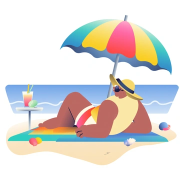 A patron with light brown skin is lounging on a vibrant beach towel under a large, colorful striped umbrella. The umbrella features alternating bands of bright red, blue, and yellow. The patron is wearing sunglasses and a wide-brimmed straw hat. To one side, there is a refreshing drink in a tall glass with a colorful straw resting on a small, round table. Surrounding the umbrella, the sandy beach is dotted with seashells and small beach toys. In the background, gentle waves are lapping at the shore under a clear blue sky.