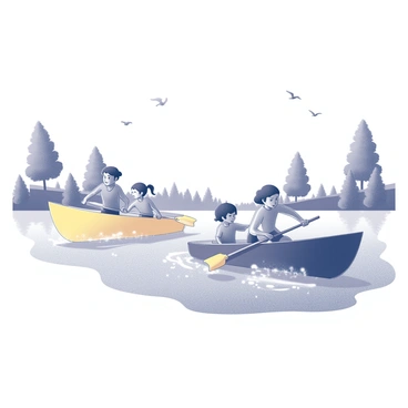 Two families are engaged in a boat race on a river. One family is in a bright yellow boat, while the other is in a sleek black boat. Each family member is dressed in sporty attire, showcasing their excitement. The scene captures the families rowing energetically, with water splashing around them as they propel their boats forward. There are trees lining the riverbanks, and birds can be seen flying above them. The sky is clear, adding to the vibrant atmosphere of the race.