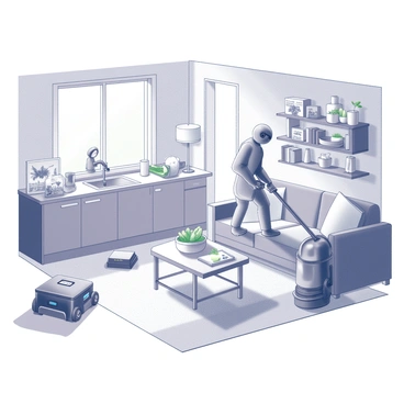 A spacious household interior is filled with modern furniture and various household items. In the kitchen, a robotic assistant is efficiently chopping vegetables on the countertop next to a bowl filled with fresh produce. Nearby, another robotic assistant is vacuuming the floor, maneuvering around a coffee table with magazines scattered on it. In the living room, a third robotic assistant is dusting the shelves filled with books and decorative items. Sunlight streams through large windows, illuminating the organized and tidy environment.