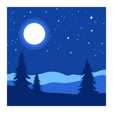 A dark blue night sky filled with numerous shimmering white stars scattered across the expanse. A large, luminous white full moon hangs prominently, casting a bright glow on the landscape below. The moonlight highlights the silhouette of tall trees in the foreground, their branches gently swaying. In the distance, rolling hills are bathed in soft white light, creating a serene atmosphere throughout the scene.