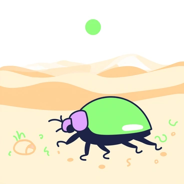 A beetle with a glossy shell is crawling across a series of sand dunes. The beetle's shell reflects light, highlighting its smooth surface. The fine grains of sand create small ripples and mounds around the beetle's path. In the background, the sun is high in the sky, casting sharp shadows and illuminating the landscape with bright light. The dunes stretch into the distance, creating a wavy horizon where the sand meets the sky. The scene conveys the heat of the day, with the beetle steadily moving across the vast expanse.