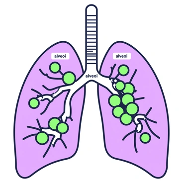 An illustrated diagram of human lungs is displayed prominently. The lungs are depicted with a network of bronchi and bronchioles leading to numerous small, round structures. These structures represent "alveoli" and are clustered like grapes, showing their role in gas exchange. Each alveolus is clearly labeled with the word "alveoli" in a readable font. Arrows indicate the flow of oxygen into the alveoli and carbon dioxide out, demonstrating the gas exchange process. The overall design is informative and visually engaging, aimed at educating viewers about lung anatomy.