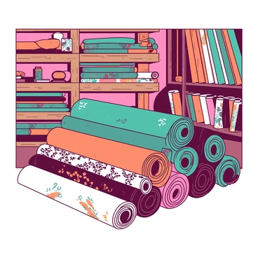 A collection of vibrant Moroccan fabric rolls is neatly arranged on display in a textile shop. Each roll features intricate patterns and designs, showcasing a variety of colors including teal and orange. The fabric rolls are stacked vertically on wooden shelves that highlight the textures and richness of the materials. In the background, soft lighting illuminates the shop, creating an inviting atmosphere that enhances the visual appeal of the colorful textiles.