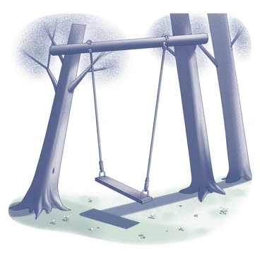 A rope swing is suspended from a thick, sturdy branch of a large tree. The swing is made of woven rope, with a wooden seat attached, gently swaying in the slight breeze. Below the swing, the ground is covered in soft green grass, scattered with small wildflowers. In the background, tall trees surround the clearing, their trunks strong and imposing, casting elongated shadows as sunlight filters through the leaves. The clearing feels spacious and inviting, with dappled light creating an interesting pattern on the forest floor.