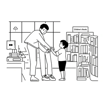 A father and his young child are standing together in a cozy library filled with shelves of books. The father is wearing a casual sweater and jeans, while the child is in a colorful t-shirt and shorts. They are both reaching for a book on a low shelf, with the father bending slightly to assist the child. The library has large windows allowing natural light to stream in, and a few comfortable chairs are visible in the background. There are stacks of books on various tables, and a small reading area with a rug is nearby. A "Children's Books" sign hangs above one of the shelves.