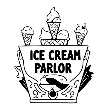 A matchbook design featuring the words "Ice Cream Parlor" prominently displayed on the front cover. The background shows various ice cream cones stacked on top of each other, each cone topped with a generous scoop of ice cream. On the sides, there are illustrations of classic sundaes in glass dishes, complete with cherry toppings and whipped cream. The matchbook is embellished with decorative borders that evoke a vintage aesthetic. The entire scene is rendered in black and white, emphasizing the nostalgic charm of the old-fashioned ice cream parlor.