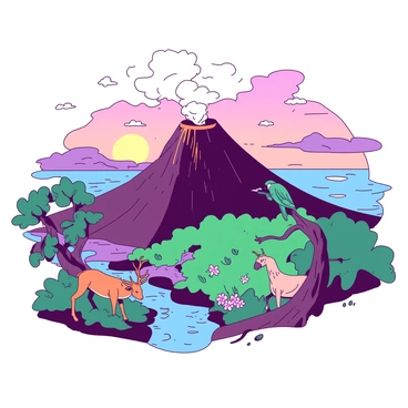 A mystical island features a large active volcano in the center, with smoke gently rising from its summit. Surrounding the volcano, lush greenery covers the landscape, interspersed with vibrant flowers. Exotic animals, including a teal parrot perched on a tree branch and an orange tropical deer grazing near a stream, roam freely across the island. In the background, the ocean is visible, with gentle waves lapping against the shore, and the sky above is a blend of colors as the sun begins to set.