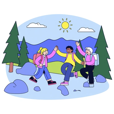 A group of friends hiking up a mountain trail, excitedly reaching the summit together.