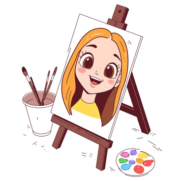 A white art easel stands on a wooden floor, displaying a canvas that features a "half-cartoon, half-illustration" portrait. The left side of the portrait exhibits bright, exaggerated cartoon features with large eyes and a playful smile, characterized by bold outlines and vibrant colors. The right side contrasts with a more realistic depiction, showcasing fine details in shading and texture, capturing the subject's likeness with precision. The background includes a set of paintbrushes and a palette filled with various colors, emphasizing the artistic theme.