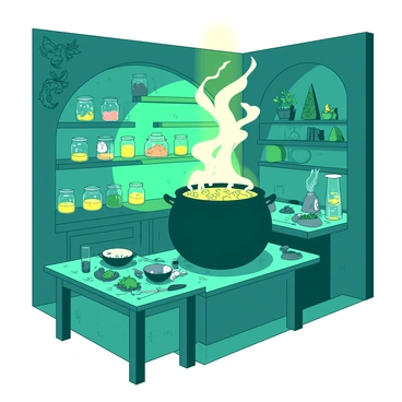 A teal enchanted kitchen is filled with various magical items. In the center, there is a large black cauldron bubbling with a colorful stew, the steam rising in whimsical shapes. Surrounding the cauldron, there are shelves filled with glass jars containing different herbs and ingredients, each jar glowing softly. The walls are adorned with intricate wooden carvings of mystical creatures. A light source above casts a warm yellow glow over the entire scene, creating an inviting atmosphere. A wooden table nearby is cluttered with magical tools and utensils, ready for potion-making.