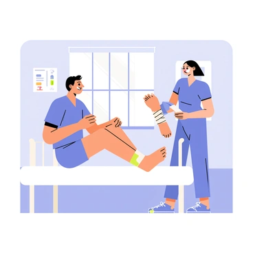 A hospital room with a light blue color scheme and medical equipment in the background. A nurse wearing blue scrubs is gently helping a patient sitting on the edge of a white hospital bed. The patient has a bandage wrapped around the right ankle and is looking up at the nurse with a hopeful expression. The nurse is holding an ice pack and smiling reassuringly. A window with soft natural light is visible, adding warmth to the scene.