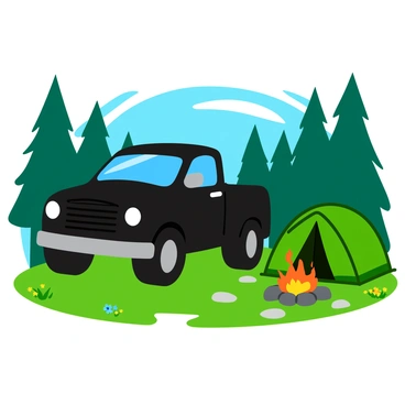 A black truck is parked in a forest clearing surrounded by tall trees. The truck is shiny and has a rugged appearance. Next to the truck, there is a cozy campfire with glowing orange and yellow flames. The campfire is surrounded by a circle of smooth rocks. Nearby, a tent with a bright green exterior is set up, partially open to reveal camping gear inside. The ground is covered with soft green grass and small patches of wildflowers. The sunlight filters through the leaves, creating dappled patterns on the ground.