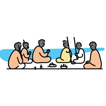 A group of five holy saints and sadhus, each wearing traditional orange and white robes, is sitting in a semi-circle on the banks of the Ganges River. They are engaged in a discussion, with some holding wooden staffs and others resting their hands on their knees. The river flows gently in the background, reflecting the soft light of the setting sun. In front of them, there are small offerings of flowers and candles placed on the ground, symbolizing their spiritual practices. The atmosphere conveys a sense of reverence and calm.