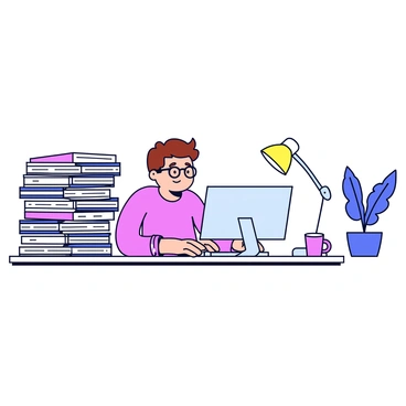 An office worker sitting at a desk, intently focused on typing at a computer. The worker has short brown hair and is wearing glasses. Around the desk, there are stacks of paperwork piled high, some slightly toppling over. A bright desk lamp is illuminating the workspace, and a coffee mug sits beside the keyboard. The walls of the office are plain and there is a potted plant in the corner, adding a touch of greenery to the scene.