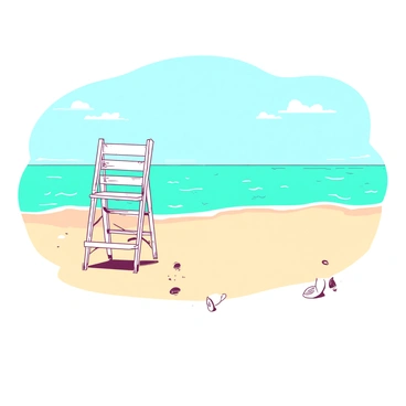 A sandy beach stretches out under a clear blue sky, with gentle waves lapping at the shore. In the center of the beach, there is a single, weathered lifeguard chair made of wood, painted in a faded white color. The chair stands tall and solitary, overlooking the sparkling turquoise water. Nearby, a few scattered seashells dot the sand, and a light breeze creates tiny ripples in the surface of the water. The scene conveys a sense of peace and quiet, emphasizing the isolation of the lifeguard chair against the vastness of the beach.