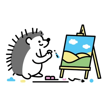 A hedgehog standing upright, holding a tiny brush in each of its front paws. The hedgehog has a round body covered in spines and a small face, focused on its work. In front of it is a colorful palette with splashes of paint in various shades. The hedgehog is painting a landscape on a small canvas, which features rolling hills, a bright blue sky, and a few fluffy clouds. Tiny brushes are scattered around the hedgehog, some resting on the ground and others in its quills.