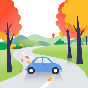 A blue Beetle car is driving on a winding countryside road. The road is lined with tall trees whose leaves have turned vibrant shades of orange, red, and yellow. As the car moves forward, autumn leaves are gently falling from the branches, creating a colorful cascade around it. In the distance, rolling hills can be seen, dotted with patches of green grass and clusters of trees. The sky above is clear and bright, providing a beautiful backdrop for this autumnal scene.