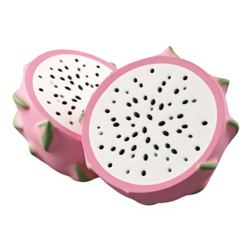 A close-up view of a sliced dragon fruit, highlighting its vibrant pink skin that has a slightly textured surface with green-tipped scales. The interior showcases the striking white flesh, dotted with numerous small black seeds dispersed evenly throughout. The glossy sheen of the flesh contrasts with the bright exterior, emphasizing the fruit’s unique color combination. The slice reveals a fresh, juicy texture, inviting a sense of natural sweetness.