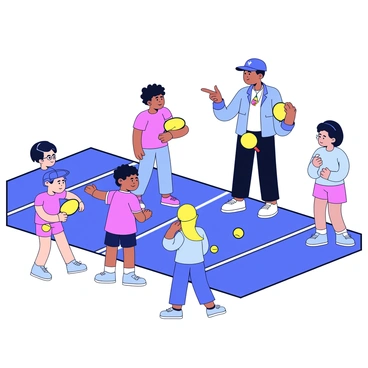 A coach standing on a pickleball court, wearing a cap and a whistle around their neck. The coach is demonstrating a strategic move, pointing with one hand while holding a pickleball paddle in the other. In front of the coach, a group of players, dressed in athletic clothing, are watching attentively. The players are positioned in various stances, some ready to practice the move while others are taking notes. The court has chalk lines visible, and there are paddles and balls scattered around. The sun is shining down, creating clear shadows on the court.