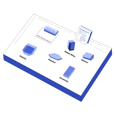 A table showcases various materials used for knee implants. Different samples, including metal alloys, plastics, and ceramics, are neatly arranged in labeled sections. Each material has distinct textures and finishes, with some shiny and reflective, while others have a matte appearance. Small informational cards accompany each sample, detailing the properties and uses of the materials. The table is set in a well-lit environment, allowing for clear visibility of each material's characteristics.