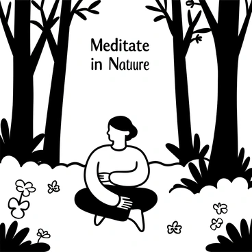 A person sitting cross-legged on the forest floor, surrounded by tall trees and lush foliage. The person's body appears to be subtly integrated with the surrounding nature, with branches and leaves gently curving to mimic the outline of their form. The ground is covered in a blanket of moss, and small wildflowers scatter around. Sunlight filters through the trees, casting dappled shadows on the ground. The words "Meditate in Nature" are displayed above the scene.