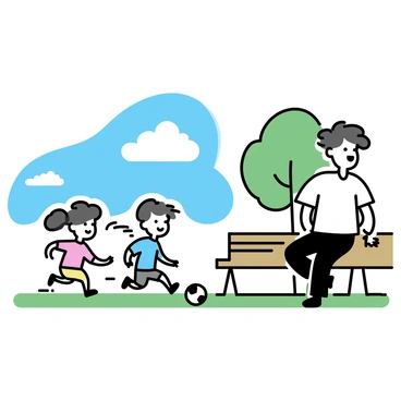 Ayanokoji, a young man with dark hair and wearing a casual white shirt and dark pants, is sitting on a wooden park bench. He has a relaxed posture, one arm resting on the back of the bench. In front of him, a group of children are playing soccer, running energetically across the green grass. The children, wearing colorful jerseys in various shades, are laughing and chasing a black and white soccer ball. The scene captures a sunny day, with a few fluffy white clouds in the blue sky above. A small tree is positioned nearby, providing some shade.