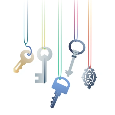 A collection of keys is floating in mid-air, each key attached to a vibrant colored string. The keys are of various shapes and sizes, including a classic skeleton key, a modern car key, and a decorative antique key. The strings are in different colors such as red, blue, green, and yellow, creating a visually striking contrast against a soft gradient background. The strings dangle from the keys, swaying slightly as if caught in an unseen breeze. Each key glints in the light, showcasing its metallic finish and intricate designs.