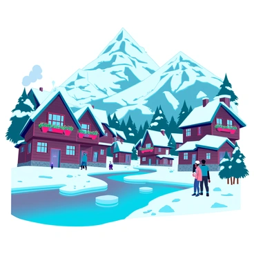 A cozy village scene in Pahalgam with quaint houses built of wood and stone, featuring sloping roofs and smoke gently rising from the chimneys. The houses are adorned with colorful flowers in window boxes and surrounded by patches of snow. Majestic snowy peaks rise in the background, their surfaces glistening under a bright blue sky. A clear, winding river flows through the village, reflecting the landscape, while a few villagers are seen strolling along the pathway, their breath visible in the crisp air.