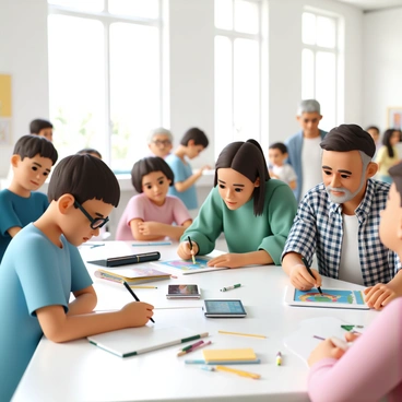 A spacious workshop filled with natural light, where a diverse group of people, including children, teenagers, and adults, are gathered. Some individuals are sitting at tables equipped with modern illustration tablets, concentrating on their creative work. A young boy, wearing a blue t-shirt and glasses, is drawing a colorful landscape on his tablet, while a middle-aged woman, in a green sweater, is examining her tablet screen with a thoughtful expression. Nearby, an elderly man, wearing a plaid shirt, is showcasing his artwork to a young girl, who is smiling and pointing as she looks at his creation. Various art supplies, such as sketchbooks and pens, are scattered around the tables, adding to the vibrant atmosphere of creativity.