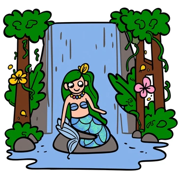 A mermaid with flowing green hair and shimmering scales in shades of blue and turquoise is sitting on a rock beneath a cascading waterfall. The waterfall is creating a mist that surrounds her, adding a magical atmosphere. The mermaid has big eyes that reflect the light from the water, and she is wearing a necklace made of colorful seashells. The lush jungle around her is filled with vibrant green leaves, large tropical flowers in pink and yellow, and vines hanging from nearby trees. Sunlight filters through the canopy, casting dappled light on the scene.